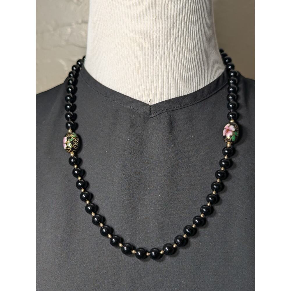 Cloisonné & Black Onyx Bead Necklace w/ 14K Gold Plated Clasp 28.8g